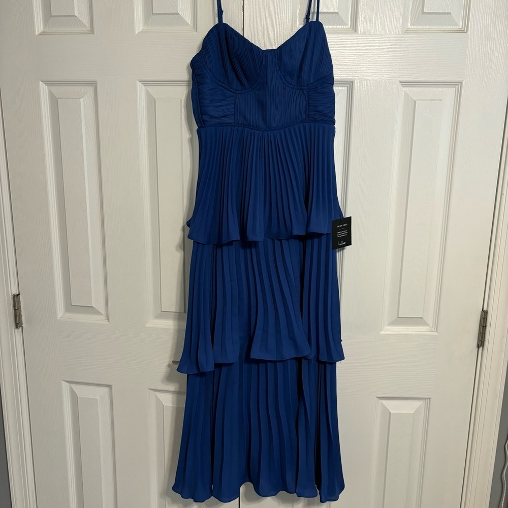 Lulu’s Cascading Crush Blue Tiered Bustier Midi Dress NWT - Picture 2 of 8